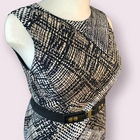 Jones Wear Vintage Casual Sleeveless Shift Dress Stretch Belt 14 Geometric Brown - Picture 7 of 16